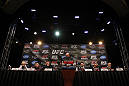 LAS VEGAS, NV - FEBRUARY 02:  A general view of the fighters on the dais during the UFC 143 final pre-fight press conference at the Mandalay Bay Hotel & Casino on February 2, 2012 in Las Vegas, United States.  (Photo by Josh Hedges/Zuffa LLC/Zuffa LLC via Getty Images)
