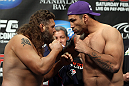 LAS VEGAS, NV - FEBRUARY 03:  (L-R) Heavyweight opponents Roy Nelson and Fabricio Werdum face off after weighing in during the UFC 143 official weigh in at Mandalay Bay Events Center on February 3, 2012 in Las Vegas, Nevada.|2:55:8  (Photo by Josh Hedges/Zuffa LLC/Zuffa LLC via Getty Images) *** Local Caption *** Fabricio Werdum; Roy Nelson