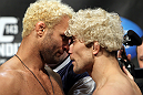 LAS VEGAS, NV - FEBRUARY 03:  (L-R) Welterweight opponents Josh Koscheck and Mike Pierce face off after weighing in during the UFC 143 official weigh in at Mandalay Bay Events Center on February 3, 2012 in Las Vegas, Nevada.|2:55:8  (Photo by Josh Hedges/Zuffa LLC/Zuffa LLC via Getty Images) *** Local Caption *** Josh Koscheck; Mike Pierce