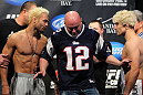 LAS VEGAS, NV - FEBRUARY 03:   Welterweight opponents Josh Koscheck (L) and Mike Pierce (R) are separated by UFC President Dana White after weighing in during the UFC 143 official weigh in at Mandalay Bay Events Center on February 3, 2012 in Las Vegas, Nevada.|2:55:8  (Photo by Josh Hedges/Zuffa LLC/Zuffa LLC via Getty Images) *** Local Caption *** Josh Koscheck; Mike Pierce; Dana White