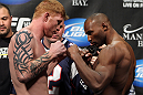 LAS VEGAS, NV - FEBRUARY 03:  (L-R) Middleweight opponents Ed Herman and Clifford Starks face off after weighing in during the UFC 143 official weigh in at Mandalay Bay Events Center on February 3, 2012 in Las Vegas, Nevada.|2:55:8  (Photo by Josh Hedges/Zuffa LLC/Zuffa LLC via Getty Images) *** Local Caption *** Ed Herman; Clifford Starks
