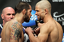 LAS VEGAS, NV - FEBRUARY 03:  (L-R) Opponents Matt Brown and Chris Cope face off after weighing in during the UFC 143 official weigh in at Mandalay Bay Events Center on February 3, 2012 in Las Vegas, Nevada.  (Photo by Josh Hedges/Zuffa LLC/Zuffa LLC via Getty Images) *** Local Caption *** Matt Brown; Chris Cope