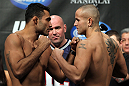 LAS VEGAS, NV - FEBRUARY 03:  (L-R) Opponents Rafael Natal and Michael Kuiper face off after weighing in during the UFC 143 official weigh in at Mandalay Bay Events Center on February 3, 2012 in Las Vegas, Nevada.|2:55:8  (Photo by Josh Hedges/Zuffa LLC/Zuffa LLC via Getty Images) *** Local Caption *** Rafael Natal; Michael Kuiper