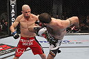 LAS VEGAS, NV - FEBRUARY 04:  Matt Brown (right) kicks Chris Cope during the UFC 143 event at Mandalay Bay Events Center on February 4, 2012 in Las Vegas, Nevada.  (Photo by Nick Laham/Zuffa LLC/Zuffa LLC via Getty Images) *** Local Caption *** Matt Brown; Chris Cope