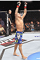 LAS VEGAS, NV - FEBRUARY 04:  Dustin Poirier reacts to his submission victory over Max Holloway during the UFC 143 event at Mandalay Bay Events Center on February 4, 2012 in Las Vegas, Nevada.  (Photo by Nick Laham/Zuffa LLC/Zuffa LLC via Getty Images) *** Local Caption *** Dustin Poirier