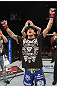 LAS VEGAS, NV - FEBRUARY 04:  Dustin Poirier reacts to being declared the winner in his fight against Max Holloway during the UFC 143 event at Mandalay Bay Events Center on February 4, 2012 in Las Vegas, Nevada.  (Photo by Nick Laham/Zuffa LLC/Zuffa LLC via Getty Images) *** Local Caption *** Dustin Poirier