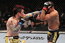 LAS VEGAS, NV - FEBRUARY 04:  Scott Jorgensen (left) punches Renan Barao during the UFC 143 event at Mandalay Bay Events Center on February 4, 2012 in Las Vegas, Nevada.  (Photo by Nick Laham/Zuffa LLC/Zuffa LLC via Getty Images) *** Local Caption *** Scott Jorgensen; Renan Barao