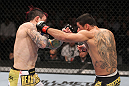LAS VEGAS, NV - FEBRUARY 04:  Renan Barao (right) punches Scott Jorgensen during the UFC 143 event at Mandalay Bay Events Center on February 4, 2012 in Las Vegas, Nevada.  (Photo by Nick Laham/Zuffa LLC/Zuffa LLC via Getty Images) *** Local Caption *** Renan Barao; Scott Jorgensen