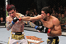 LAS VEGAS, NV - FEBRUARY 04:  Scott Jorgensen (left) and Renan Barao (right) exchange punches during the UFC 143 event at Mandalay Bay Events Center on February 4, 2012 in Las Vegas, Nevada.  (Photo by Nick Laham/Zuffa LLC/Zuffa LLC via Getty Images) *** Local Caption *** Scott Jorgensen; Renan Barao