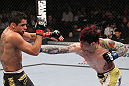 LAS VEGAS, NV - FEBRUARY 04:  Scott Jorgensen (right) punches Renan Barao during the UFC 143 event at Mandalay Bay Events Center on February 4, 2012 in Las Vegas, Nevada.  (Photo by Nick Laham/Zuffa LLC/Zuffa LLC via Getty Images) *** Local Caption *** Scott Jorgensen; Renan Barao