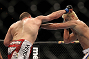 LAS VEGAS, NV - FEBRUARY 04:  (L-R) Mike Pierce and Josh Koscheck exchange punches during the UFC 143 event at Mandalay Bay Events Center on February 4, 2012 in Las Vegas, Nevada.  (Photo by Josh Hedges/Zuffa LLC/Zuffa LLC via Getty Images) *** Local Caption *** Mike Pierce; Josh Koscheck