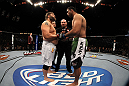 LAS VEGAS, NV - FEBRUARY 04:  (L-R) Roy Nelson and Fabricio Werdum touch gloves before their fight during the UFC 143 event at Mandalay Bay Events Center on February 4, 2012 in Las Vegas, Nevada.  (Photo by Josh Hedges/Zuffa LLC/Zuffa LLC via Getty Images) *** Local Caption *** Roy Nelson; Fabricio Werdum