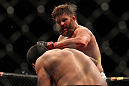 LAS VEGAS, NV - FEBRUARY 04:  Roy Nelson (pictured) punches Fabricio Werdum during the UFC 143 event at Mandalay Bay Events Center on February 4, 2012 in Las Vegas, Nevada.  (Photo by Josh Hedges/Zuffa LLC/Zuffa LLC via Getty Images) *** Local Caption *** Roy Nelson; Fabricio Werdum
