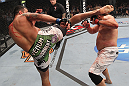 LAS VEGAS, NV - FEBRUARY 04:  Fabricio Werdum (left) headkicks Roy Nelson during the UFC 143 event at Mandalay Bay Events Center on February 4, 2012 in Las Vegas, Nevada.  (Photo by Nick Laham/Zuffa LLC/Zuffa LLC via Getty Images) *** Local Caption *** Fabricio Werdum; Roy Nelson
