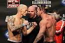 OMAHA, NE - FEBRUARY 14:  (L-R) Opponents Buddy Roberts and Sean Loeffler face off after weighing in during the UFC on FUEL TV weigh in event at Omaha Civic Auditorium on February 14, 2012 in Omaha, Nebraska.  (Photo by Josh Hedges/Zuffa LLC/Zuffa LLC via Getty Images) *** Local Caption *** Buddy Roberts; Sean Loeffler; Dana White