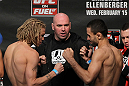 OMAHA, NE - FEBRUARY 14:  (L-R) Featherweight opponents Jonathan Brookins and Vagner Rocha face off after weighing in during the UFC on FUEL TV weigh in event at Omaha Civic Auditorium on February 14, 2012 in Omaha, Nebraska.  (Photo by Josh Hedges/Zuffa LLC/Zuffa LLC via Getty Images) *** Local Caption *** Vagner Rocha; Jonathan Brookins; Dana White
