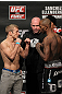 OMAHA, NE - FEBRUARY 14:  (L-R) Bantamweight opponents TJ Dillashaw and Walel Watson face off after weighing in during the UFC on FUEL TV weigh in event at Omaha Civic Auditorium on February 14, 2012 in Omaha, Nebraska.  (Photo by Josh Hedges/Zuffa LLC/Zuffa LLC via Getty Images) *** Local Caption *** TJ Dillashaw; Walel Watson; Dana White