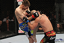 OMAHA, NE - FEBRUARY 15:  (L-R) Tim Means delivers a knee strike against Bernardo Magalhaes during the UFC on FUEL TV event at Omaha Civic Auditorium on February 15, 2012 in Omaha, Nebraska.  (Photo by Josh Hedges/Zuffa LLC/Zuffa LLC via Getty Images) *** Local Caption *** Tim Means; Bernardo Magalhaes