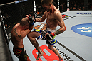 OMAHA, NE - FEBRUARY 15:  (R-L) Tim Means delivers a knee strike against Bernardo Magalhaes during the UFC on FUEL TV event at Omaha Civic Auditorium on February 15, 2012 in Omaha, Nebraska.  (Photo by Josh Hedges/Zuffa LLC/Zuffa LLC via Getty Images) *** Local Caption *** Tim Means; Bernardo Magalhaes