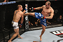 OMAHA, NE - FEBRUARY 15:  (R-L) Anton Kuivanen kicks Justin Salas during the UFC on FUEL TV event at Omaha Civic Auditorium on February 15, 2012 in Omaha, Nebraska.  (Photo by Josh Hedges/Zuffa LLC/Zuffa LLC via Getty Images) *** Local Caption *** Anton Kuivanen; Justin Salas
