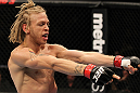 OMAHA, NE - FEBRUARY 15:  Jonathan Brookins reacts after knocking out Vagner Rocha during the UFC on FUEL TV event at Omaha Civic Auditorium on February 15, 2012 in Omaha, Nebraska.  (Photo by Josh Hedges/Zuffa LLC/Zuffa LLC via Getty Images) *** Local Caption *** Jonathan Brookins