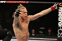 OMAHA, NE - FEBRUARY 15:  Jonathan Brookins reacts after knocking out Vagner Rocha during the UFC on FUEL TV event at Omaha Civic Auditorium on February 15, 2012 in Omaha, Nebraska.  (Photo by Josh Hedges/Zuffa LLC/Zuffa LLC via Getty Images) *** Local Caption *** Jonathan Brookins