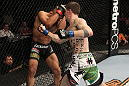 OMAHA, NE - FEBRUARY 15:  (R-L) John Albert punches Ivan Menjivar during the UFC on FUEL TV event at Omaha Civic Auditorium on February 15, 2012 in Omaha, Nebraska.  (Photo by Josh Hedges/Zuffa LLC/Zuffa LLC via Getty Images) *** Local Caption *** Ivan Menjivar; John Albert