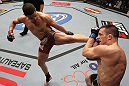 OMAHA, NE - FEBRUARY 15:  (L-R) Diego Sanchez kicks Jake Ellenberger during the UFC on FUEL TV event at Omaha Civic Auditorium on February 15, 2012 in Omaha, Nebraska.  (Photo by Josh Hedges/Zuffa LLC/Zuffa LLC via Getty Images) *** Local Caption *** Jake Ellenberger; Diego Sanchez