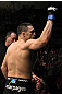 OMAHA, NE - FEBRUARY 15:  Jake Ellenberger salutes his hometown crowd before his bout against Diego Sanchez during the UFC on FUEL TV event at Omaha Civic Auditorium on February 15, 2012 in Omaha, Nebraska.  (Photo by Josh Hedges/Zuffa LLC/Zuffa LLC via Getty Images) *** Local Caption *** Jake Ellenberger