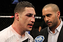 OMAHA, NE - FEBRUARY 15:  Diego Sanchez (L) is interviewed by Jon Anik after his decision loss to Jake Ellenberger during the UFC on FUEL TV event at Omaha Civic Auditorium on February 15, 2012 in Omaha, Nebraska.  (Photo by Josh Hedges/Zuffa LLC/Zuffa LLC via Getty Images) *** Local Caption *** Diego Sanchez; Jon Anik