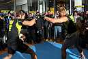 TOKYO, JAPAN - FEBRUARY 22:  Yoshihiro Akiyama (R) and Dong Hyun Kim (L) work out for the media during the UFC 144 open workouts at Gold's Gym on February 22, 2012 in Tokyo, Japan.  (Photo by Josh Hedges/Zuffa LLC/Zuffa LLC via Getty Images) *** Local Caption *** Yoshihiro Akiyama; Dong Hyun Kim