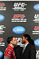TOKYO, JAPAN - FEBRUARY 23:  (L-R) UFC Lightweight Champion Frankie Edgar and challenger Benson Henderson face off at the final UFC 144 pre-fight press conference at the Ritz-Carlton Hotel on February 23, 2012 in Tokyo, Japan.  (Photo by Josh Hedges/Zuffa LLC/Zuffa LLC via Getty Images) *** Local Caption *** Frankie Edgar; Benson Henderson