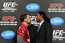 TOKYO, JAPAN - FEBRUARY 23:  (L-R) UFC Lightweight Champion Frankie Edgar and challenger Benson Henderson face off at the final UFC 144 pre-fight press conference at the Ritz-Carlton Hotel on February 23, 2012 in Tokyo, Japan.  (Photo by Josh Hedges/Zuffa LLC/Zuffa LLC via Getty Images) *** Local Caption *** Frankie Edgar; Benson Henderson