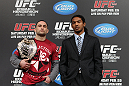 TOKYO, JAPAN - FEBRUARY 23:  (L-R) UFC Lightweight Champion Frankie Edgar and challenger Benson Henderson pose for photos at the final UFC 144 pre-fight press conference at the Ritz-Carlton Hotel on February 23, 2012 in Tokyo, Japan.  (Photo by Josh Hedges/Zuffa LLC/Zuffa LLC via Getty Images) *** Local Caption *** Frankie Edgar; Benson Henderson