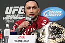 TOKYO, JAPAN - FEBRUARY 23:  UFC Lightweight Champion Frankie Edgar attends the final UFC 144 pre-fight press conference at the Ritz-Carlton Hotel on February 23, 2012 in Tokyo, Japan.  (Photo by Josh Hedges/Zuffa LLC/Zuffa LLC via Getty Images) *** Local Caption *** Frankie Edgar
