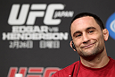 TOKYO, JAPAN - FEBRUARY 23:  UFC Lightweight Champion Frankie Edgar attends the final UFC 144 pre-fight press conference at the Ritz-Carlton Hotel on February 23, 2012 in Tokyo, Japan.  (Photo by Josh Hedges/Zuffa LLC/Zuffa LLC via Getty Images) *** Local Caption *** Frankie Edgar