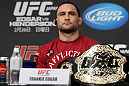 TOKYO, JAPAN - FEBRUARY 23:  UFC Lightweight Champion Frankie Edgar attends the final UFC 144 pre-fight press conference at the Ritz-Carlton Hotel on February 23, 2012 in Tokyo, Japan.  (Photo by Josh Hedges/Zuffa LLC/Zuffa LLC via Getty Images) *** Local Caption *** Frankie Edgar