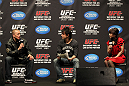 SAITAMA, JAPAN - FEBRUARY 25:  UFC Welterweight Champion Georges St-Pierre (L) takes part in a Q&A session before the official UFC 144 weigh in at the Saitama Super Arena on February 25, 2012 in Saitama, Japan.  (Photo by Josh Hedges/Zuffa LLC/Zuffa LLC via Getty Images) *** Local Caption *** Georges St-Pierre