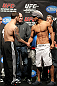 SAITAMA, JAPAN - FEBRUARY 25:  (L-R) UFC Lightweight Champion Frankie Edgar and challenger Benson Henderson shake hands after weighing in during the official UFC 144 weigh in at the Saitama Super Arena on February 25, 2012 in Saitama, Japan.  (Photo by Josh Hedges/Zuffa LLC/Zuffa LLC via Getty Images) *** Local Caption *** Benson Henderson; Frankie Edgar
