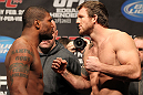 SAITAMA, JAPAN - FEBRUARY 25:  (L-R) Light Heavyweight opponents Quinton "Rampage" Jackson and Ryan Bader face off after weighing in during the official UFC 144 weigh in at the Saitama Super Arena on February 25, 2012 in Saitama, Japan.  (Photo by Josh Hedges/Zuffa LLC/Zuffa LLC via Getty Images) *** Local Caption *** Quinton Jackson; Ryan Bader