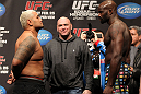 SAITAMA, JAPAN - FEBRUARY 25:  (L-R) Heavyweight opponents Mark Hunt and Cheick Kongo face off after weighing in during the official UFC 144 weigh in at the Saitama Super Arena on February 25, 2012 in Saitama, Japan.  (Photo by Josh Hedges/Zuffa LLC/Zuffa LLC via Getty Images) *** Local Caption *** Mark Hunt; Cheick Kongo; Dana White