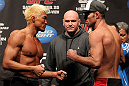 SAITAMA, JAPAN - FEBRUARY 25:  (L-R) Welterweight opponents Yoshihiro Akiyama and Jake Shields face off after weighing in during the official UFC 144 weigh in at the Saitama Super Arena on February 25, 2012 in Saitama, Japan.  (Photo by Josh Hedges/Zuffa LLC/Zuffa LLC via Getty Images) *** Local Caption *** Yoshihiro Akiyama; Jake Shields; Dana White