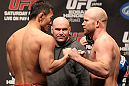 SAITAMA, JAPAN - FEBRUARY 25:  (L-R) Middleweight opponents Yushin Okami and Tim Boetsch face off after weighing in during the official UFC 144 weigh in at the Saitama Super Arena on February 25, 2012 in Saitama, Japan.  (Photo by Josh Hedges/Zuffa LLC/Zuffa LLC via Getty Images) *** Local Caption *** Yushin Okami; Tim Boetsch; Dana White