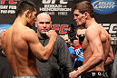 SAITAMA, JAPAN - FEBRUARY 25:  (L-R) Opponents Riki Fukuda and Steve Cantwell face off after weighing in during the official UFC 144 weigh in at the Saitama Super Arena on February 25, 2012 in Saitama, Japan.  (Photo by Josh Hedges/Zuffa LLC/Zuffa LLC via Getty Images) *** Local Caption *** Riki Fukuda; Steve Cantwell