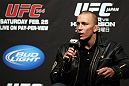 SAITAMA, JAPAN - FEBRUARY 25:  UFC Welterweight Champion Georges St-Pierre takes part in a Q&A session before the official UFC 144 weigh in at the Saitama Super Arena on February 25, 2012 in Saitama, Japan.  (Photo by Josh Hedges/Zuffa LLC/Zuffa LLC via Getty Images) *** Local Caption *** Georges St-Pierre
