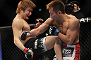 SAITAMA, JAPAN - FEBRUARY 26:  (L-R) Takanori Gomi delivers a knee strike against Eiji Mitsuoka during the UFC 144 event at Saitama Super Arena on February 26, 2012 in Saitama, Japan.  (Photo by Josh Hedges/Zuffa LLC/Zuffa LLC via Getty Images) *** Local Caption *** Takanori Gomi; Eiji Mitsuoka