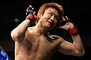 SAITAMA, JAPAN - FEBRUARY 26:  Takanori Gomi reacts after defeating Eiji Mitsuoka by TKO during the UFC 144 event at Saitama Super Arena on February 26, 2012 in Saitama, Japan.  (Photo by Josh Hedges/Zuffa LLC/Zuffa LLC via Getty Images) *** Local Caption *** Takanori Gomi