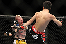 SAITAMA, JAPAN - FEBRUARY 26:  (R-L) Hatsu Hioki kicks Bart Palaszewski during the UFC 144 event at Saitama Super Arena on February 26, 2012 in Saitama, Japan.  (Photo by Josh Hedges/Zuffa LLC/Zuffa LLC via Getty Images) *** Local Caption *** Hatsu Hioki; Bart Palaszewski