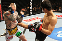 SAITAMA, JAPAN - FEBRUARY 26:  (R-L) Hatsu Hioki kicks Bart Palaszewski during the UFC 144 event at Saitama Super Arena on February 26, 2012 in Saitama, Japan.  (Photo by Al Bello/Zuffa LLC/Zuffa LLC via Getty Images) *** Local Caption *** Hatsu Hioki; Bart Palaszewski