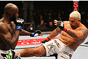 SAITAMA, JAPAN - FEBRUARY 26:  (R-L) Mark Hunt kicks Cheick Kongo during the UFC 144 event at Saitama Super Arena on February 26, 2012 in Saitama, Japan.  (Photo by Al Bello/Zuffa LLC/Zuffa LLC via Getty Images) *** Local Caption *** Mark Hunt; Cheick Kongo